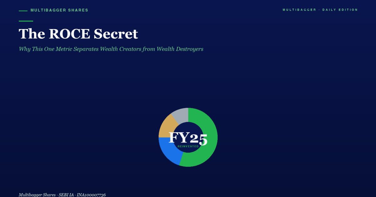 mbcover721therocesecretwhythisonem | Manish Goel Portfolio Management Service Header with Title the Roce Secret and Green Italic Subtitle on a Dark Blue Gradient a Multicolored Circular Chart Labeled Fy25 Reinvested Sits Centered