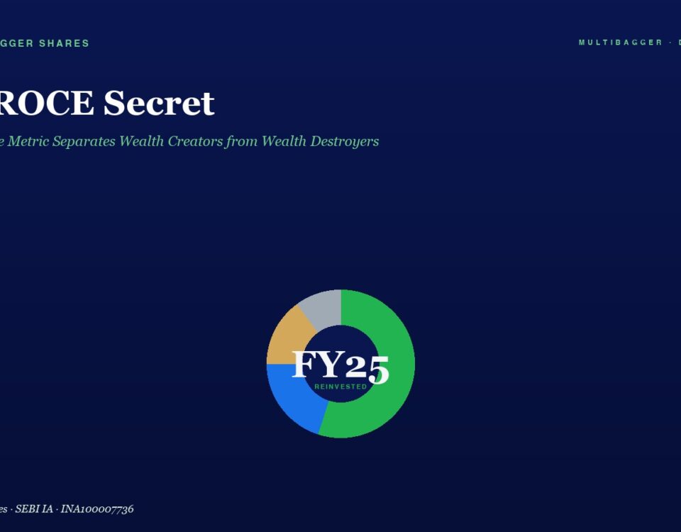 Header with title 'The ROCE Secret' and green italic subtitle on a dark blue gradient; a multicolored circular chart labeled FY25 REINVESTED sits centered.