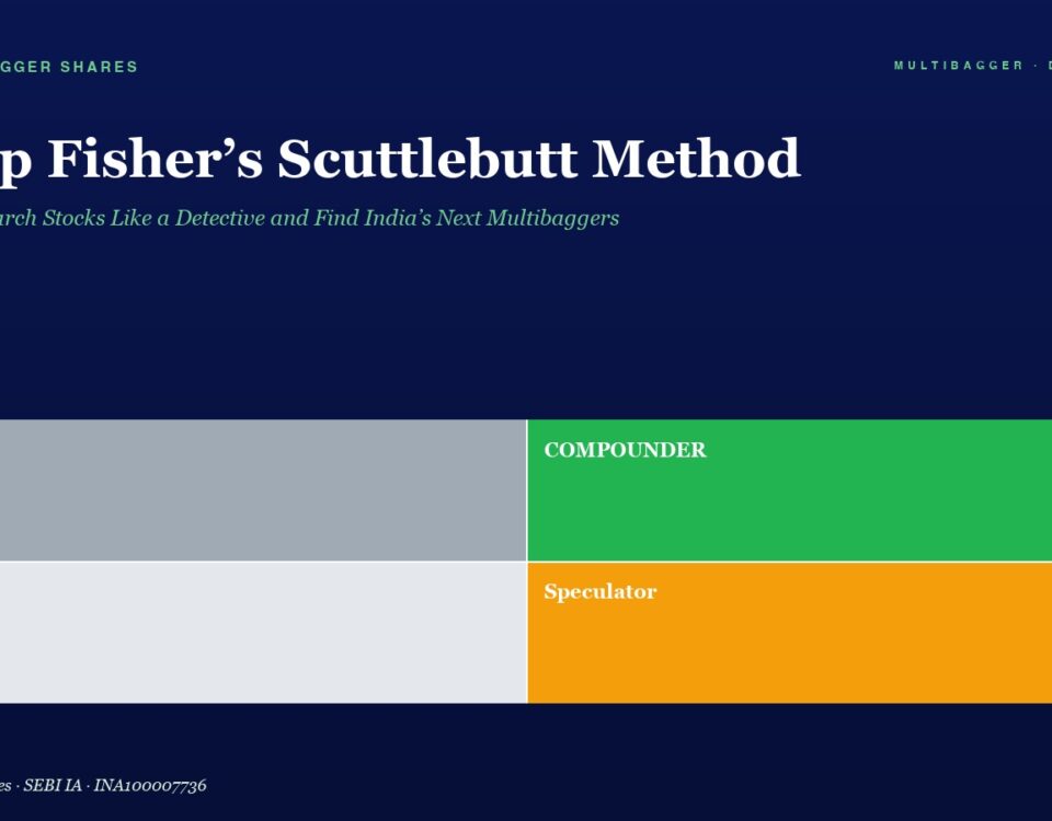 Hero banner with the title 'Philip Fisher’s Scuttlebutt Method' on a navy background, subtitle in green, and a 2x2 color grid labeled Trader (gray), Compounder (green), Drift (light gray), Speculator (orange).