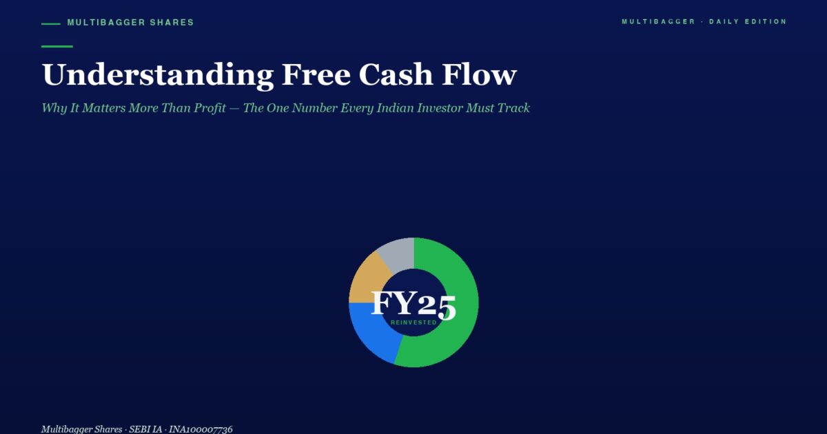 mbcover936understandingfreecashfloww | Manish Goel Portfolio Management Service Hero Header with Article Title understanding Free Cash Flow and Subtitle on a Dark Blue Background Featuring a Centered Donut Chart Labeled Fy25 Reinvested