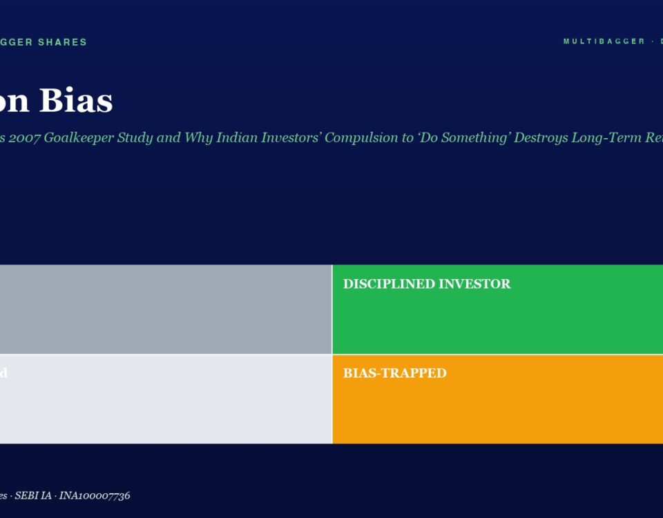 Title 'Action Bias' with a subtitle; four-color grid showing outcomes: Lucky and Confused on gray left, Disciplined Investor and Bias-Trapped on green/orange right.