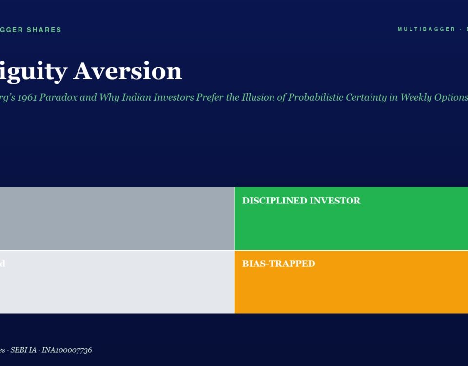 Hero section with the title 'Ambiguity Aversion' and subtitle; a 2x2 color grid showing 'Lucky' (gray), 'Disciplined Investor' (green), 'Confused' (light gray), and 'Bias-Trapped' (orange) against a dark blue background.