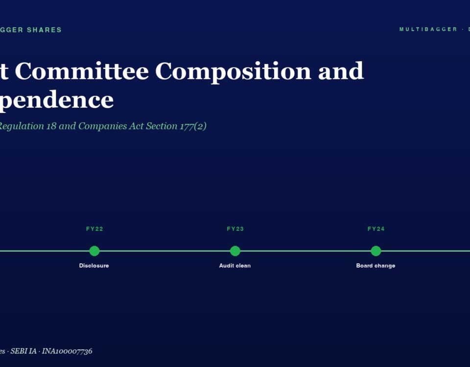 Hero banner: dark blue page with the title 'Audit Committee Composition and Independence' and a FY21–FY25 milestone timeline showing green dots at Compliance, Disclosure, Audit clean, Board change, and All boxes.