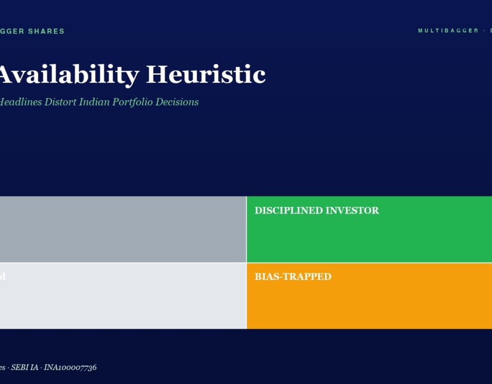 Hero banner for a finance article: title 'The Availability Heuristic' with subtitle 'Why Recent Headlines Distort Indian Portfolio Decisions' and a 2x2 color grid labeled Lucky (left gray), Disciplined Investor (green, right), Confused (left light gray), Bias-Trapped (orange, right).