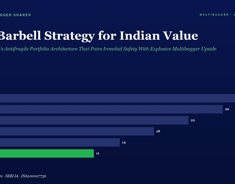 Hero image with the title 'The Barbell Strategy for Indian Value' and a horizontal bar chart of yearly values FY20–FY25; the FY25 bar is green with value 11.