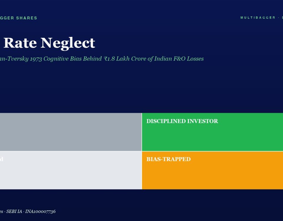Hero header for 'Base Rate Neglect' article with a 2x2 color grid: labels Lucky, Disciplined Investor, Confused, and Bias-Trapped conveying investor mindsets.