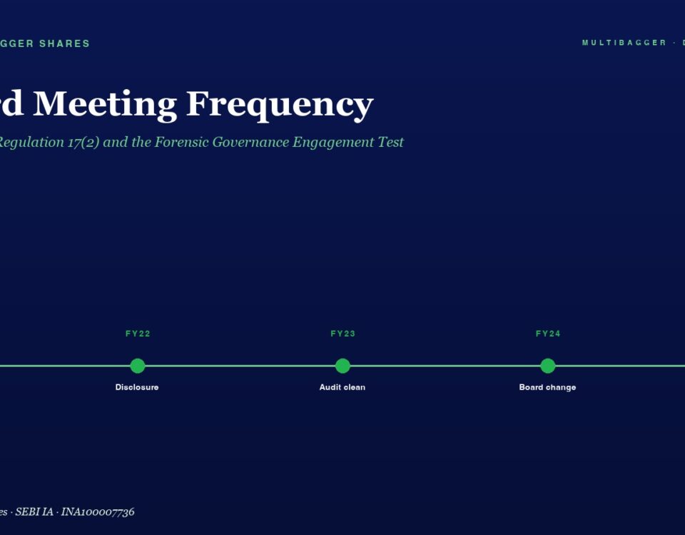 Hero image: dark blue page with white 'Board Meeting Frequency' title, green subtitle, and a green timeline across FY21–FY25 showing milestones: Compliance, Disclosure, Audit clean, Board change, All boxes.