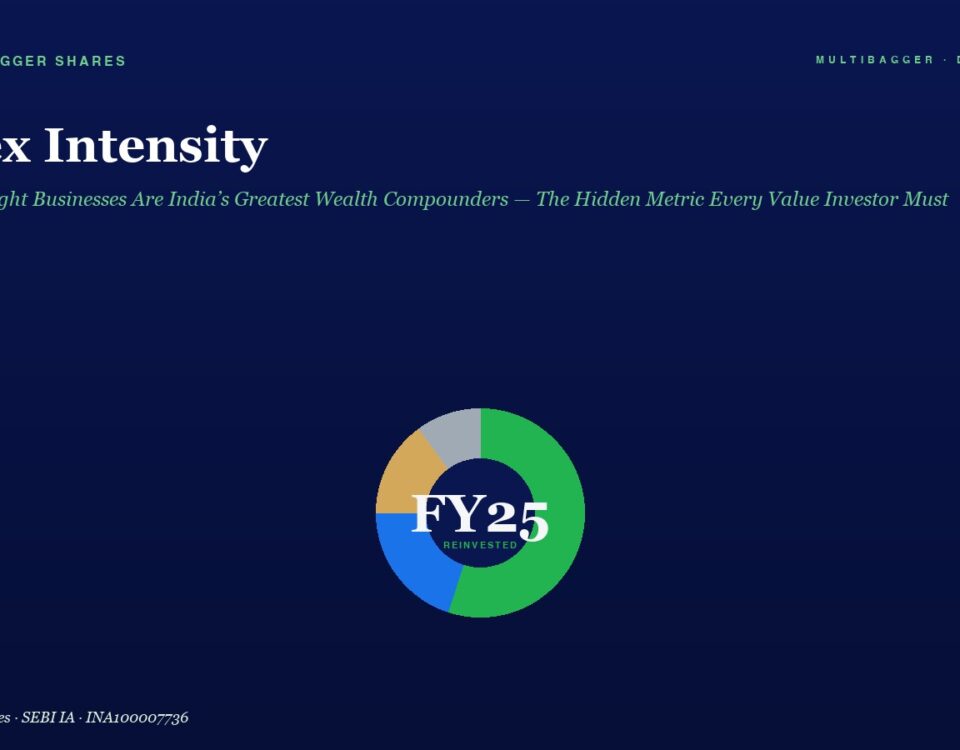Hero banner with navy gradient background, large 'Capex Intensity' title, green italic subtitle, and top navigation text 'Manish Goel PMS' (left) and 'MULTIBAGGER • DAILY EDITION' (right). A centered multicolored donut chart labeled 'FY25 Reinvented' sits below the title, with a small italic caption 'Manish Goel Portfolio Management Service · SEBI IA · INH100004775' in the bottom-left.