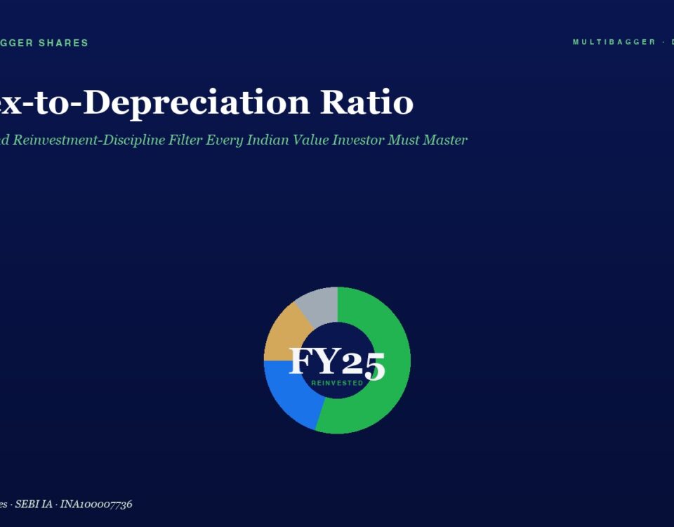 Hero banner: title 'Capex-to-Depreciation Ratio' with green accent marks and a circular FY25 infographic on a dark blue gradient background; subtitle mentions reinvestment discipline.