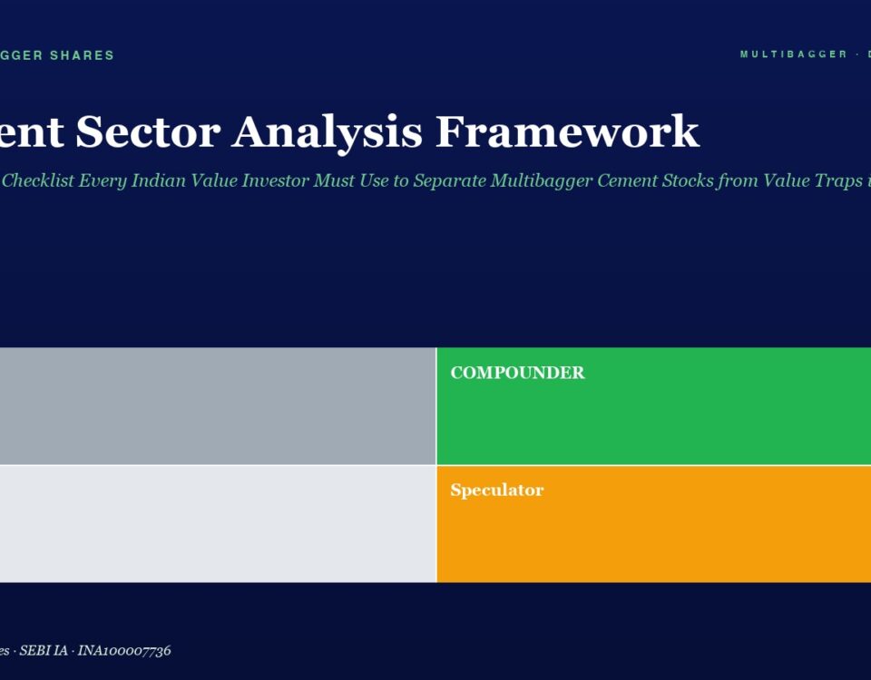 Cement sector analysis framework grid with four colored blocks: Trader (gray), Compounder (green), Drift (light gray), Speculator (orange) on a dark blue background.
