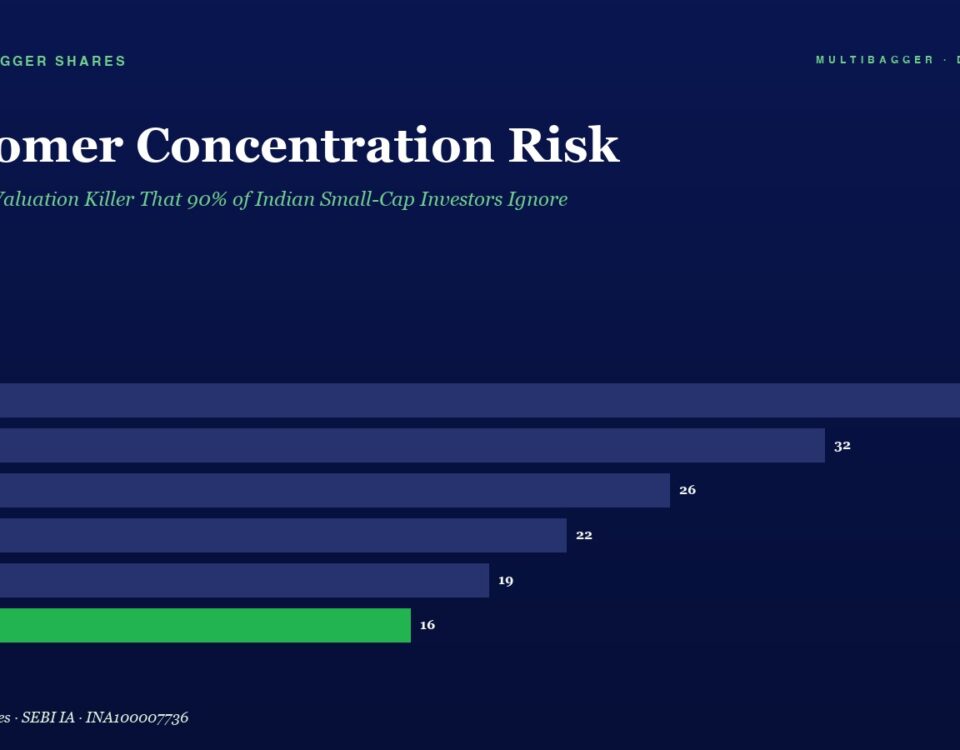 Horizontal bar chart titled 'Customer Concentration Risk' showing yearly values FY20–FY25; FY20 38, FY21 32, FY22 26, FY23 22, FY24 19, FY25 16 with FY25 bar highlighted in green.