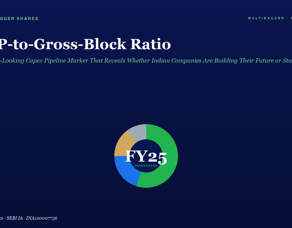 Dark blue hero banner showing the headline “CWIP-to-Gross-Block Ratio” with a green italic subtitle; a circular multicolor donut chart labeled FY25 centered below the text; small “Manish Goel Portfolio Management Service” heading at top left and a caption at bottom left reading “Manish Goel Portfolio Management Service · SEBI IA · INH100004775”
