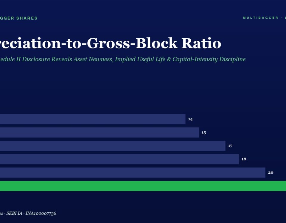 Bar chart of depreciation-to-gross-block ratio by fiscal year, rising from 14 (FY20) to 22 (FY25), with FY25 highlighted in green vs. dark blue bars for earlier years.