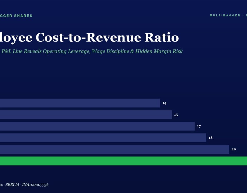Infographic: Employee Cost-to-Revenue Ratio by fiscal year, rising from FY20 (14) to FY25 (22); FY25 bar is green.