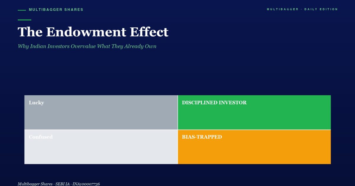 mbcoverendowmenteffecttitanbiotechantibiascorporatecasestudy | Manish Goel Portfolio Management Service Hero Header with Title the Endowment Effect and Subtitle Followed by a Two by two Color Grid Labeled Lucky Disciplined Investor Confused Bias trapped on a Dark Blue Background