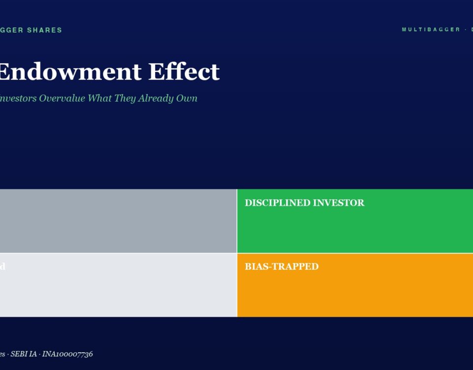Hero header with title 'The Endowment Effect' and subtitle, followed by a two-by-two color grid labeled Lucky, DISCIPLINED INVESTOR, Confused, BIAS-TRAPPED on a dark blue background.