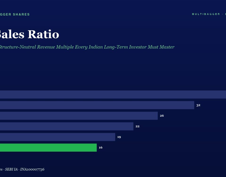 Infographic showing EV/Sales Ratio trend from FY20 to FY25, declining from 38 to 16; yearly values: FY20 38, FY21 32, FY22 26, FY23 22, FY24 19, FY25 16 (green last bar).