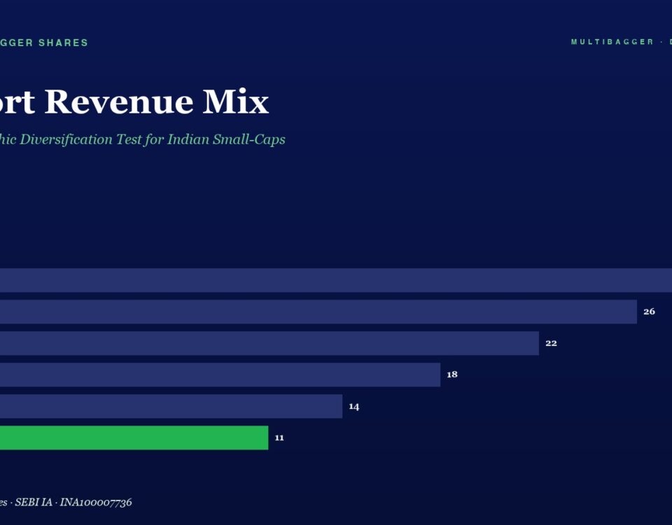 Dark blue page with the title 'Export Revenue Mix' and a horizontal bar chart of fiscal years FY20–FY25; values are 28, 26, 22, 18, 14, 11, with FY25 shown in green.
