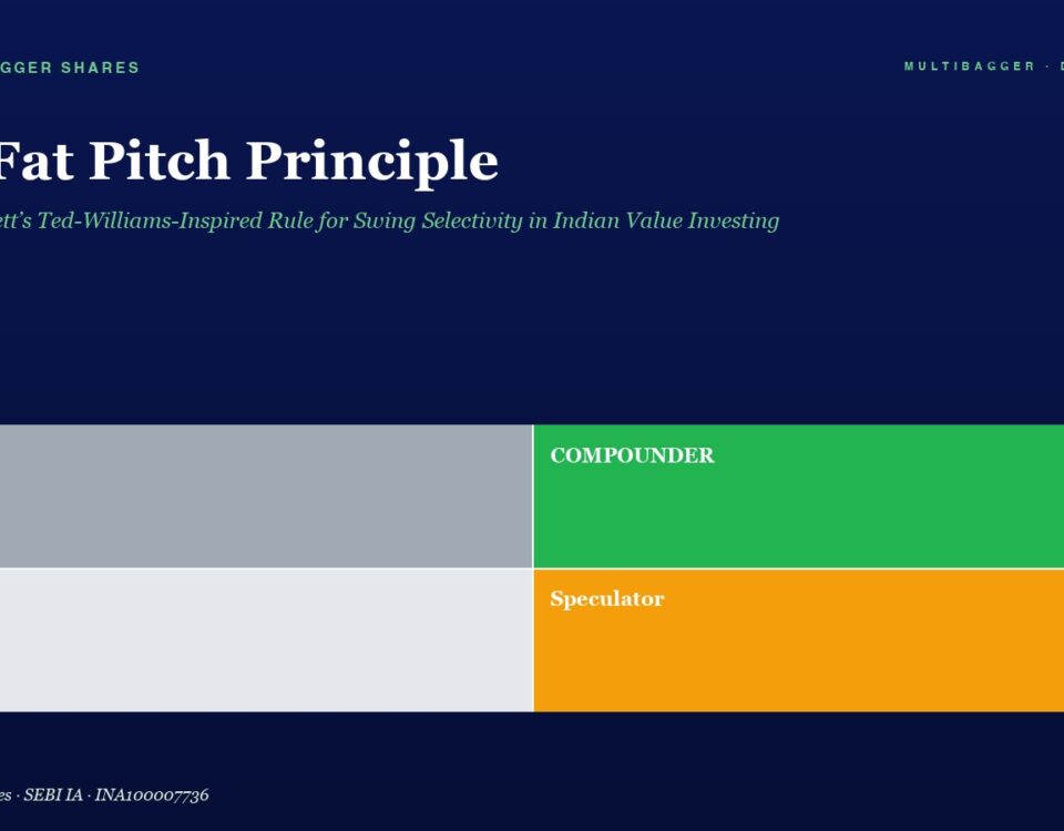 Hero banner with title 'The Fat Pitch Principle' and green subtitle; below is a four-block grid labeled Trader (gray), Compounder (green), Drift (light gray), Speculator (orange).