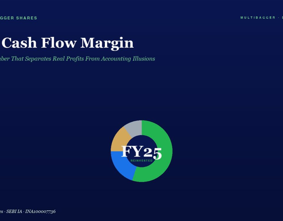 Dark navy hero with the headline “Free Cash Flow Margin,” a green subtitle, and a centered multi-color donut chart labeled FY25 Reinvested at the bottom half of the image.
