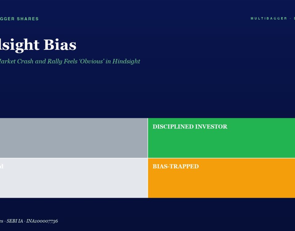 Hero section: title 'Hindsight Bias' with subtitle about market crashes, plus a 2x2 colored grid labeled Lucky, Disciplined Investor, Confused, Bias-Trapped to illustrate bias themes.