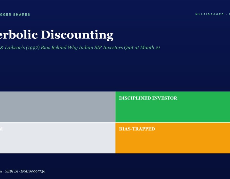 Hero section with dark blue background and the title 'Hyperbolic Discounting' plus subtitle; below, a four-block infographic labeled Lucky, DISCIPLINED INVESTOR, Confused, and BIAS-TRAPPED in gray, green, light gray, and orange.