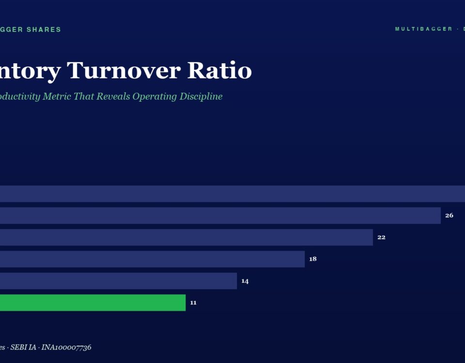 Horizontal bar chart of Inventory Turnover Ratio by fiscal year (FY20–FY25): FY20 28, FY21 26, FY22 22, FY23 18, FY24 14, FY25 11. Declining trend in asset productivity.