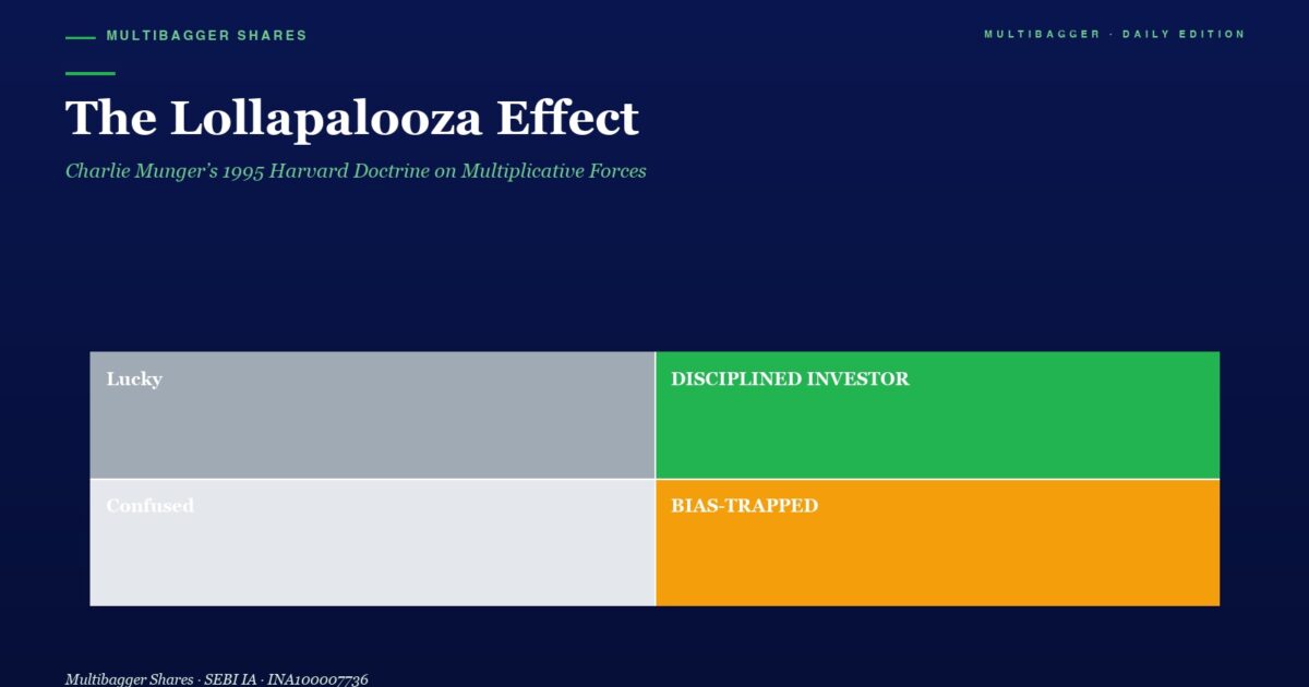 mbcoverlollapaloozaeffectmunger1995titanbiotechfy2520260502 | Manish Goel Portfolio Management Service Infographic Showing Four Blocks Labeled Lucky gray Disciplined Investor green Confused light Gray Bias trapped orange Under the Lollapalooza Effect