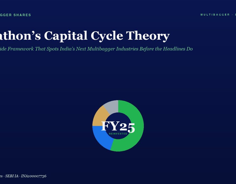 mbcovermarathoncapitalcycletheorysupplysideframeworkmultibaggerindustriesindia | Manish Goel Portfolio Management Service Headline Marathons Capital Cycle Theory with a Green Accent Bar and Subtitle Against a Dark Blue Gradient Background Centered Donut Chart Labeled Fy25 Reinvested at the Bottom