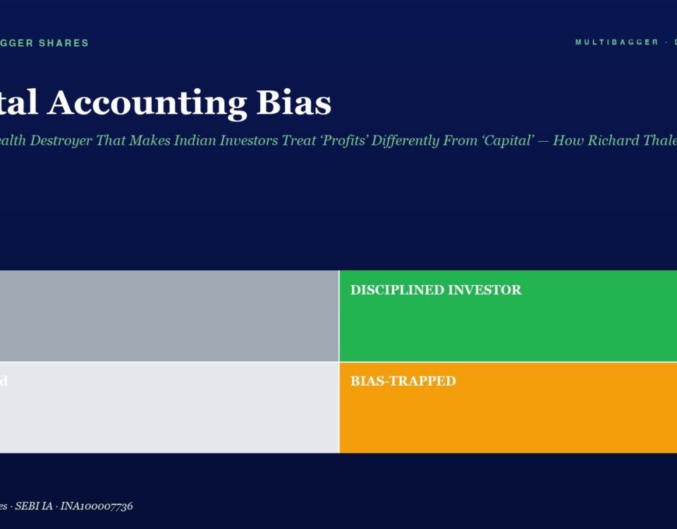 Hero header for an article on Mental Accounting Bias showing a four‑panel diagram: top-left 'Lucky' (gray), top-right 'Discipined Investor' (green), bottom-left 'Confused' (light gray), bottom-right 'Bias-Trapped' (orange); dark blue page with subtitle.