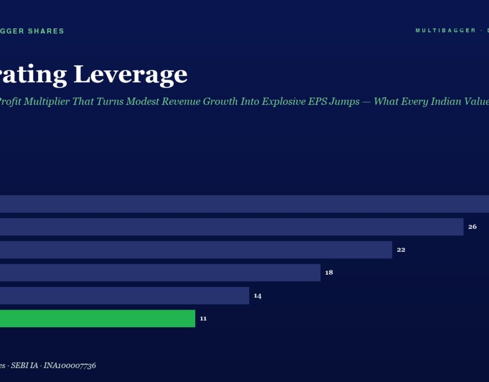 Bar chart titled 'Operating Leverage' showing yearly values: FY20 28, FY21 26, FY22 22, FY23 18, FY24 14, FY25 11; FY25 bar is green and highlighted.