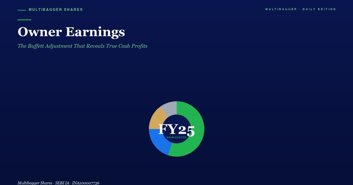 mbcoverownerearningsbuffettadjustmentindianvalueinvesting2026 | Manish Goel Portfolio Management Service Hero Header with Title owner Earnings and Subtitle the Buffett Adjustment That Reveals True Cash Profits over a Dark Blue Gradient Background Plus a Colorful Donut Chart Labeled fy25 Reinvested Centered Below