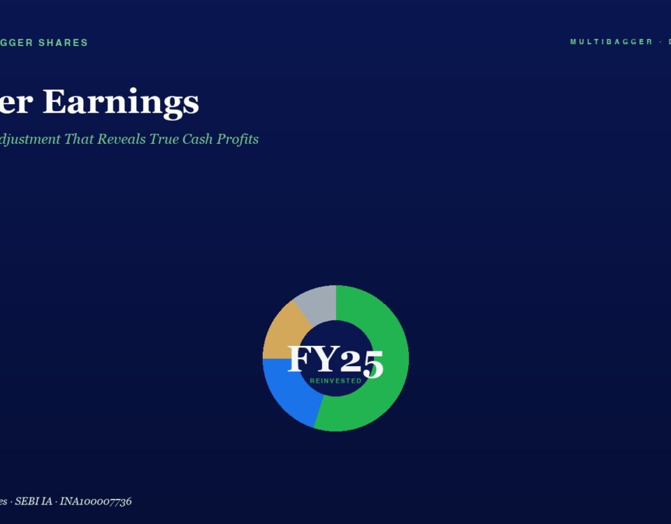 Hero header with title 'Owner Earnings' and subtitle 'The Buffett Adjustment That Reveals True Cash Profits' over a dark blue gradient background, plus a colorful donut chart labeled 'FY25 REINVESTED' centered below.