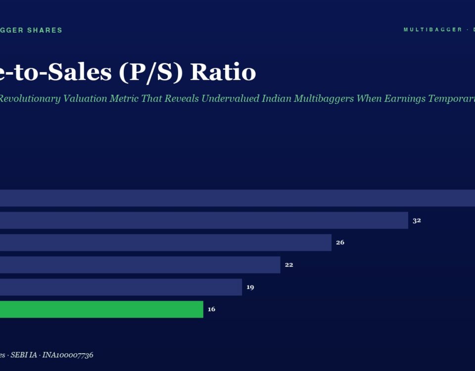 Infographic: Price-to-Sales (P/S) Ratio with a horizontal bar chart from FY20 to FY25 showing values 38, 32, 26, 22, 19, and 16; FY25 bar is green to highlight the final value, captioned 'Manish Goel Portfolio Management Service' page with a subtitle about undervalued Indian multibaggers.