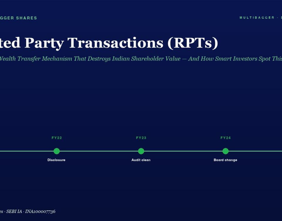Timeline graphic titled 'Related Party Transactions (RPTs)' showing a green line with milestones FY21–FY25: Compliance, Disclosure, Audit clean, Board change, All boxes on a dark blue background