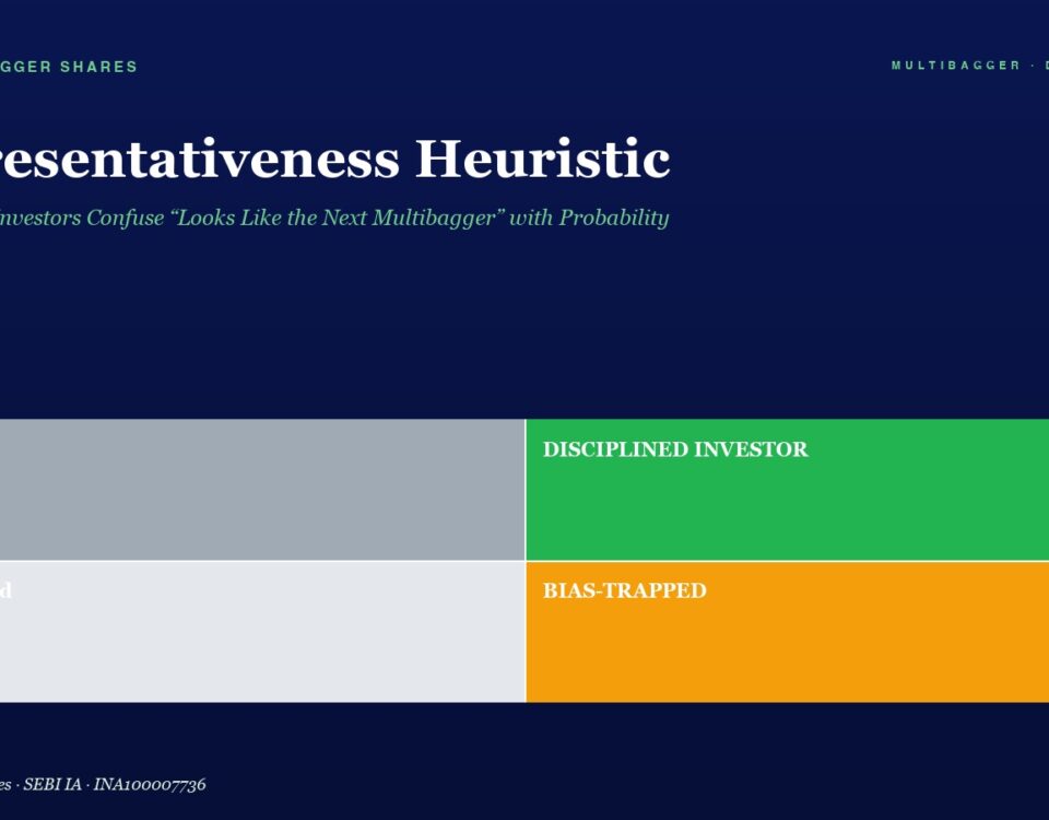 Hero header with title Representativeness Heuristic and subtitle; a 2x2 color infographic showing Lucky (gray), Disciplined Investor (green), Confused (light gray), Bias-Trapped (orange).