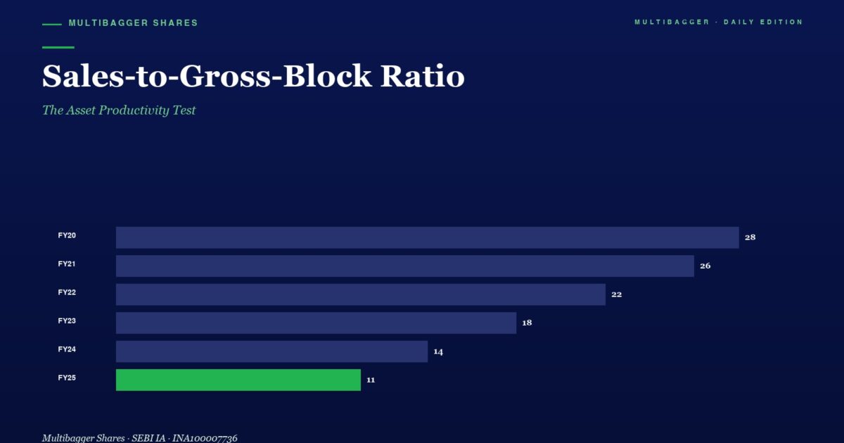 mbcoversalesgrossblockassetproductivitytitanbiotechfy25 | Manish Goel Portfolio Management Service Bar Chart of Sales to gross block Ratio by Fiscal Year fy20fy25 Values Drop from 28 to 11 Fy25 Bar is Green