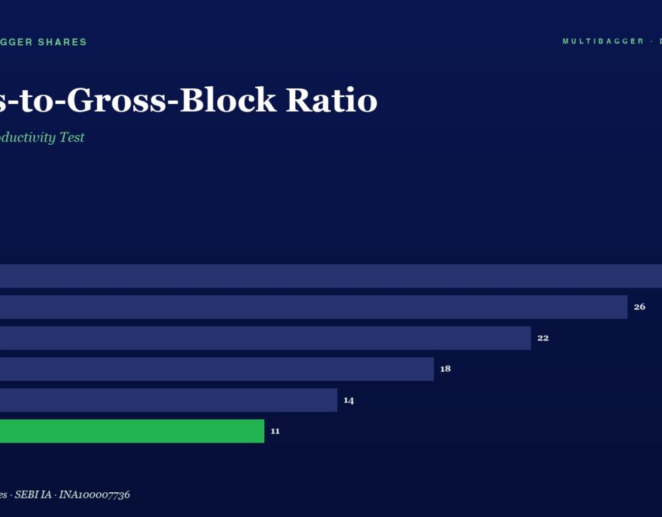 Bar chart of Sales-to-Gross-Block Ratio by fiscal year (FY20–FY25); values drop from 28 to 11; FY25 bar is green.