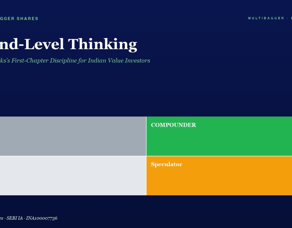 Hero section: title 'Second-Level Thinking' with subtitle, dark blue background and a four-block grid labeled Trader (gray), Compounder (green), Drift (light gray), Speculator (orange).