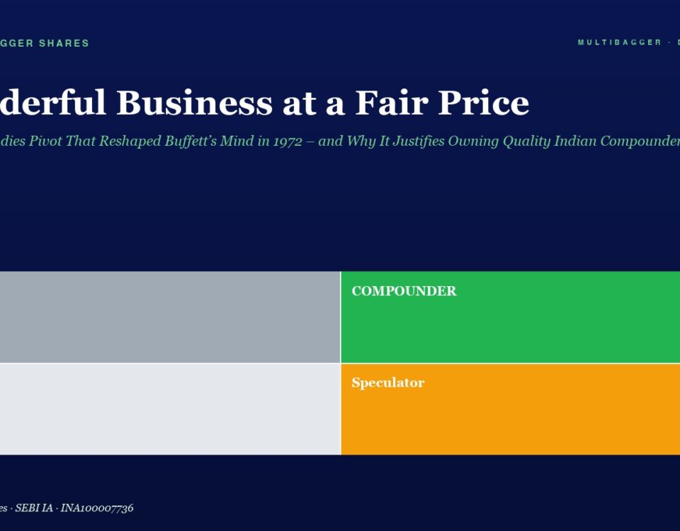 Hero title: "Wonderful Business at a Fair Price" with subtitle about Buffett and Indian compounds, on a dark blue background.
