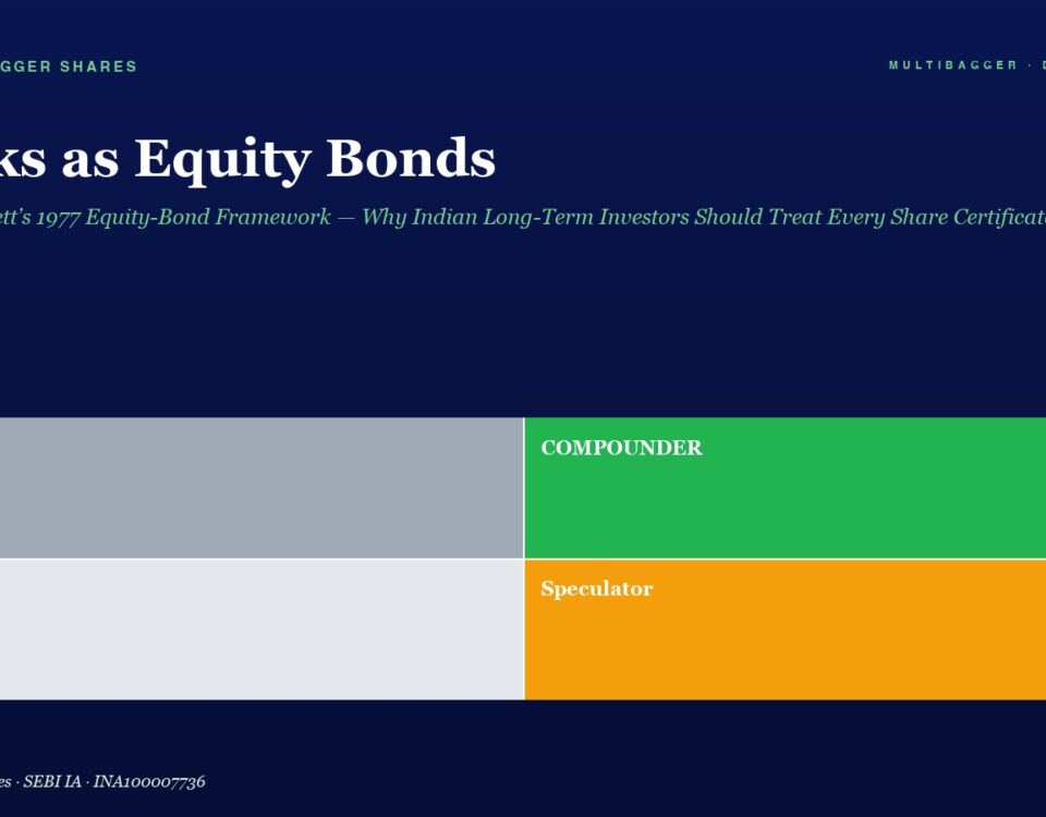 Dark blue website hero with headline 'Stocks as Equity Bonds' and green subtitle; a 2x2 color-block grid: Trader (gray), Compounder (green), Drift (light gray), Speculator (orange); subtle footer text.