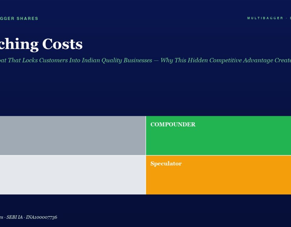 Hero banner for 'Switching Costs' article: a 2x2 quadrant diagram with Trader (gray), Compounder (green), Drift (light gray), Speculator (orange).