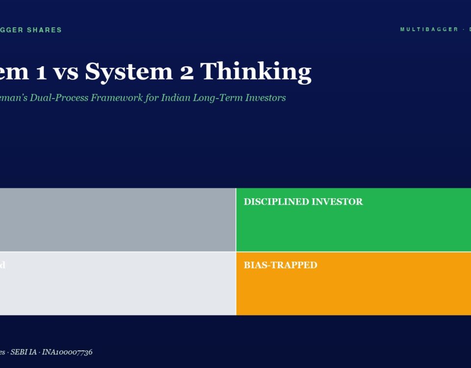 Hero image with the title 'System 1 vs System 2 Thinking' and a 2x2 color grid: top-left Lucky (gray), top-right Disciplined Investor (green), bottom-left Confused (light gray), bottom-right Bias-Trapped (orange) on a dark blue background.