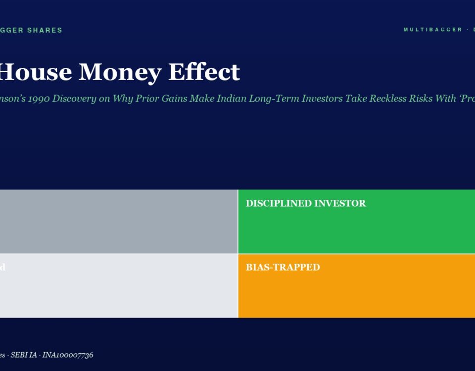 Hero header with title 'The House Money Effect' and subtitle. A 2x2 color grid: top-left gray block 'Lucky', top-right green block 'DISCIPLINED INVESTOR', bottom-left light gray 'Confused', bottom-right orange 'BIAS-TRAPPED'.
