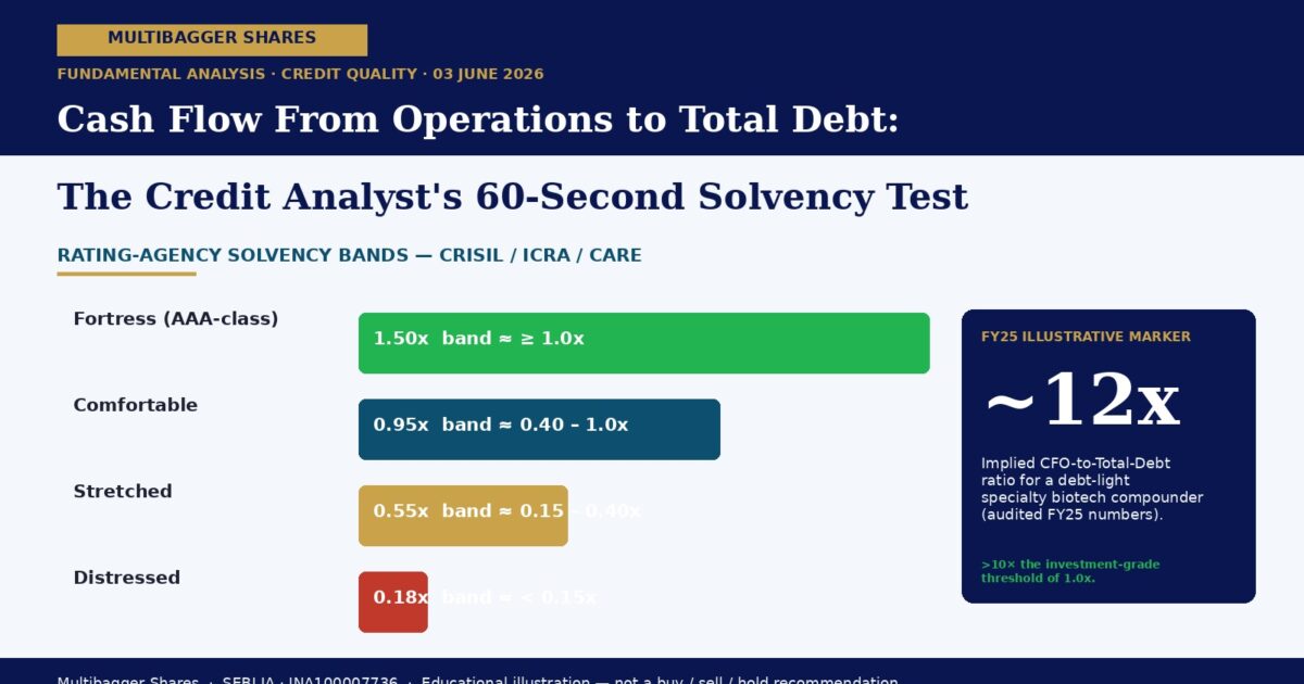 cfodebtcover20260603 | Manish Goel Portfolio Management Service Infographic Showing Debtfcf Multipliers by Category Fortress 150x Comfortable 095x Stretched 055x Distressed 018x and a Fy25 Marker Around 12x for Cfo to debt