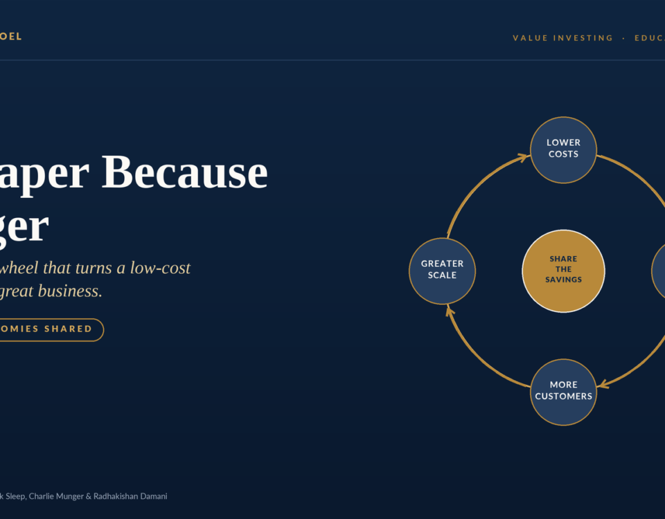 Hero section with a circular diagram: center gold circle 'Share the savings' connected to four blue circles labeled 'Lower costs', 'Lower prices', 'More customers', 'Greater scale' on a dark blue background. Also includes title 'Cheaper Because Bigger' and subtitle text on the left.