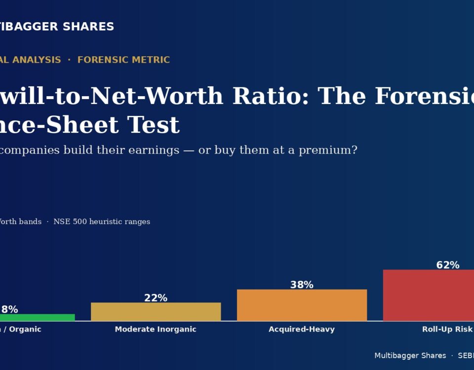 Title and subtitle of a metrics graphic: Goodwill-to-Net-Worth Ratio: The Forensic Balance-Sheet Test; 'Did Indian companies build earnings or buy them at a premium?' with a four-bar chart: Clean/Organic 8%, Moderate Inorganic 22%, Acquired-Heavy 38%, Roll-Up Risk 62% on a dark blue gradient background.