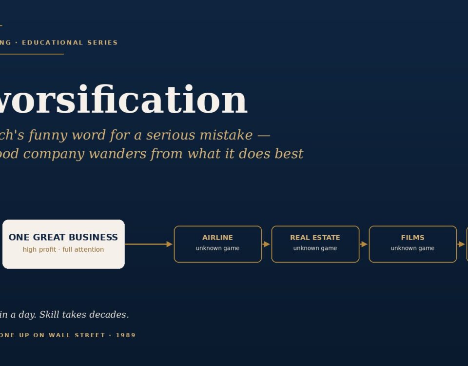 Flow diagram showing diversification: a white rounded box labeled 'ONE GREAT BUSINESS' connects to orange-outlined boxes 'AIRLINE', 'REAL ESTATE', 'FILMS', 'ANYTHING 'HOT'' on a dark navy background.