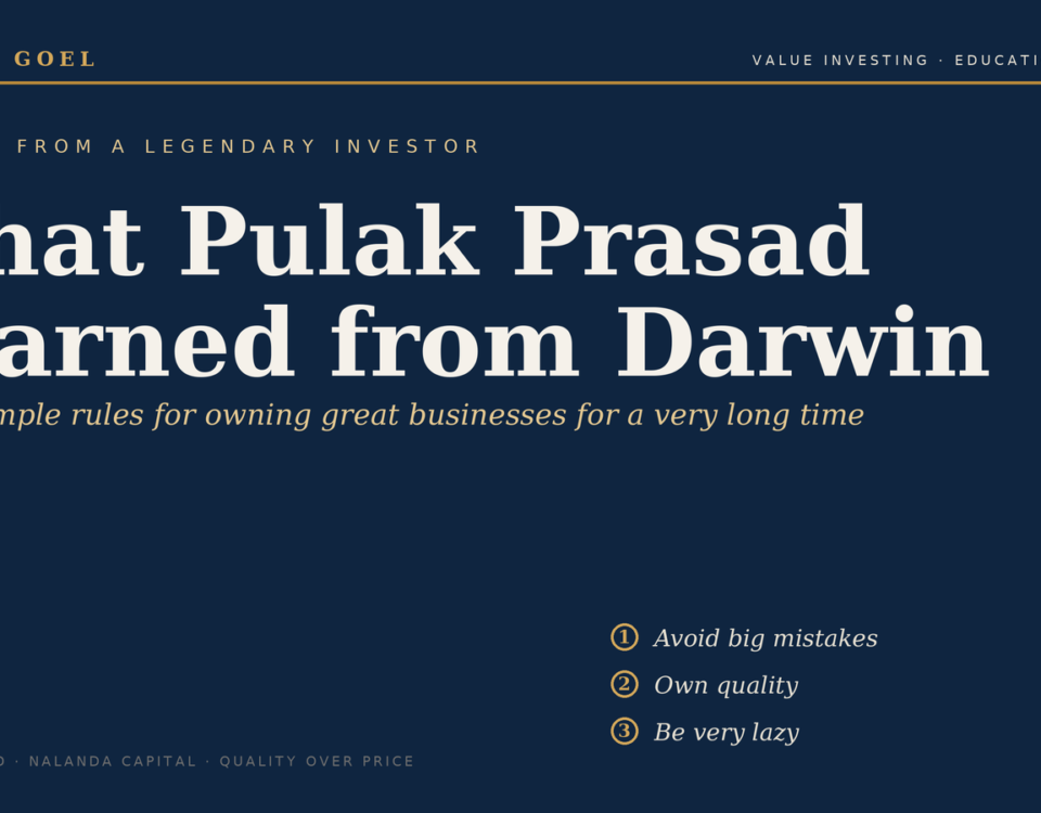 Book cover: 'What Pulak Prasad Learned from Darwin' with subtitle 'Three simple rules for owning great businesses for a very long time' on a dark blue background.