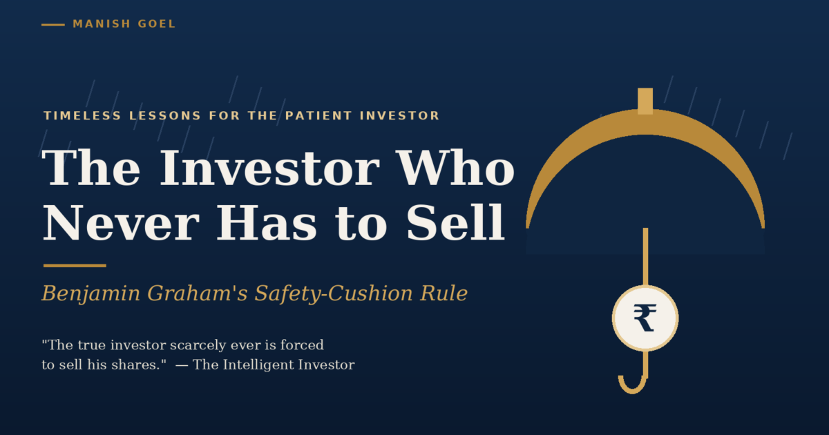 grahamsafetycushioncover | Manish Goel Portfolio Management Service Hero Banner with Navy Background and Large White Title the Investor Who Never Has to Sell Gold Decorative Elements on the Right and a Hanging Coin Motif